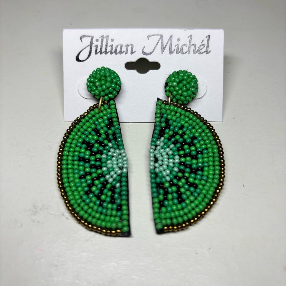 Jillian Michel Kiwi Slice Green Beaded Earrings NWT